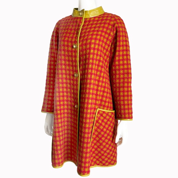 Bonnie Cashin for Sills Coat Large Pocket Pink Check Wool Lime Leather Trim 60s - Picture 10 of 14